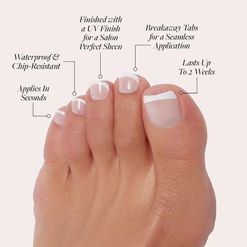 Classic White French Tip Fake Toe Nails with a Glossy Finish