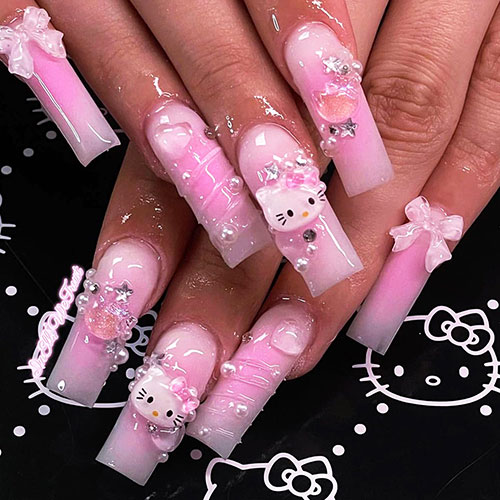 Cute Long Pink Press on Nails with Rhinestones Design