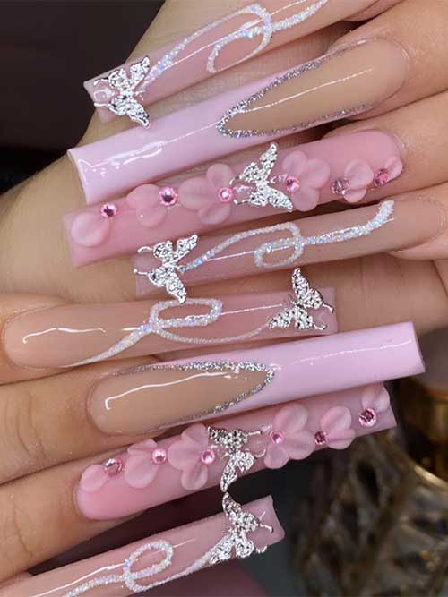 Long Square Pink Press on Nails French Tip Fake Nails with 3D Butterfly Charm Pink Rhinestones Design