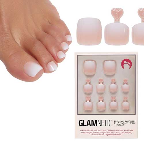 Neutral Nude and White Ombre Fake Toe Nails with a Glossy Finish are One of the Cutest Pedicure Ideas to Try