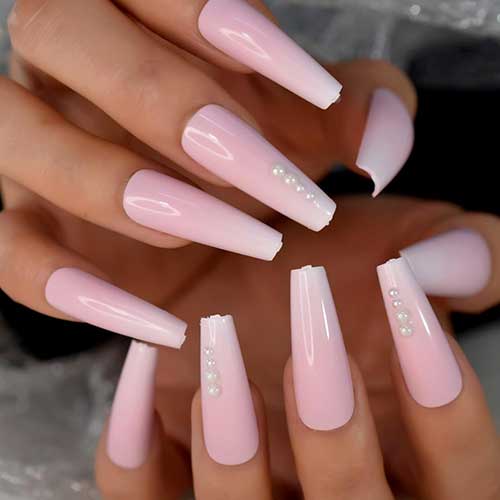 Ombre Pink White Press on Nails Extra Long with Pearls