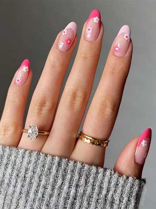 Pink French Tip Press-On Nails with Floral Designs