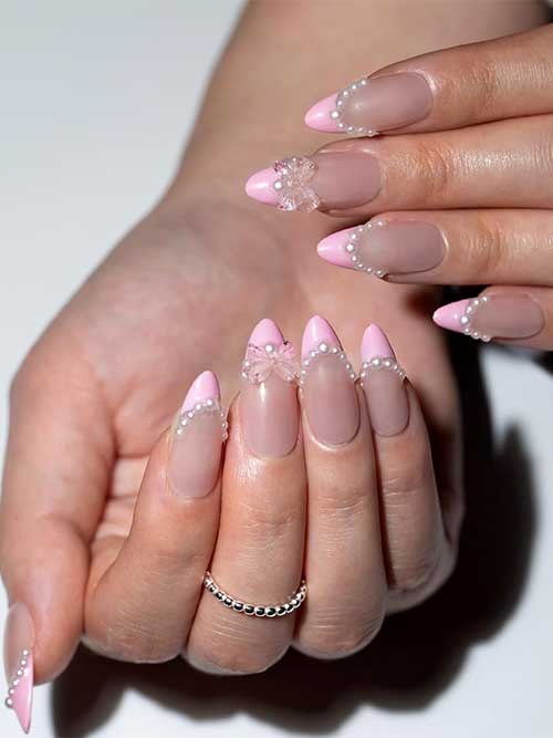 Pink French Tip Press on Nails with Pearls