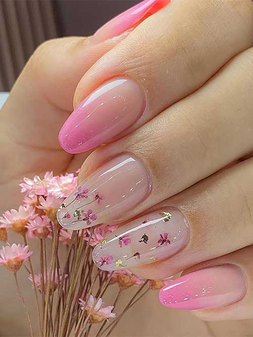 Pink Ombre Press-On Nails with Flowers