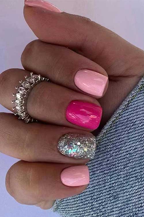 Short Pink Press on Nails with Silver Glitter and Hot Pink Accent Nails