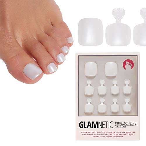 Soft Pearl White Press on Toe Nails with a Glossy Finish