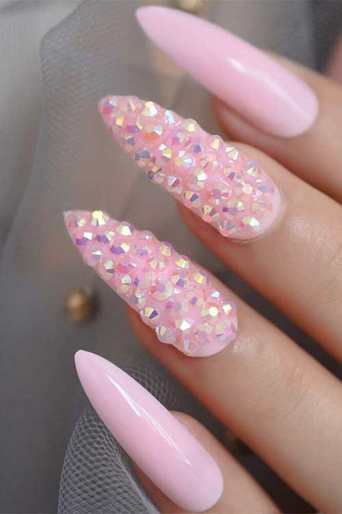 Soft Pink Stiletto False Nails with 3D Rhinestones