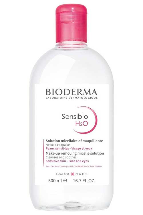 Bioderma Sensibio H2O Micellar Water: gentle, fragrance-free makeup remover for normal to sensitive skin, no rinse needed.