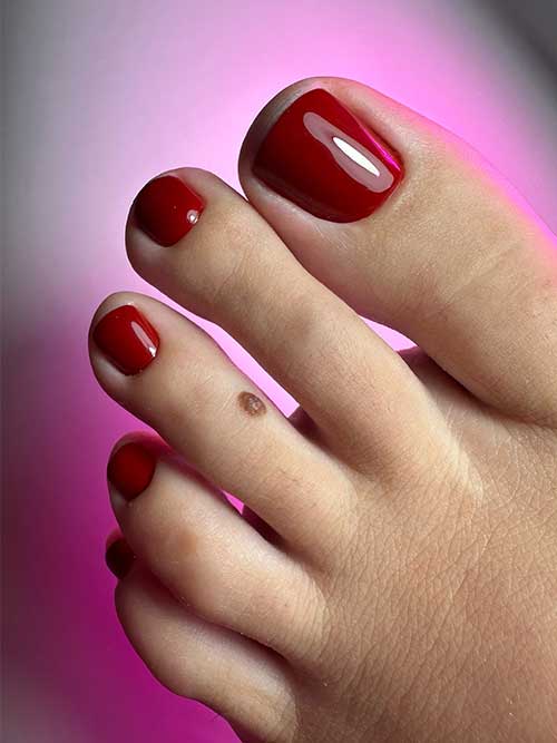 Glossy dark red toenails shine brightly