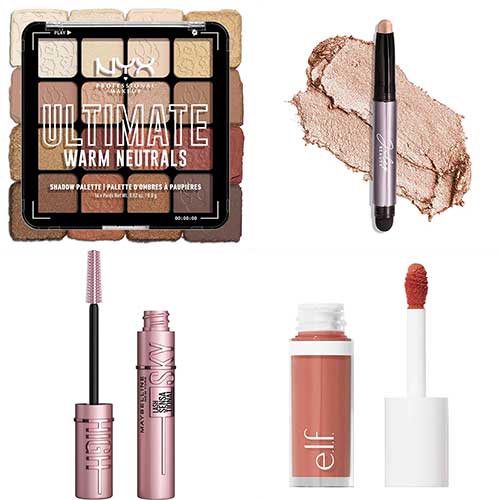 Essential fall makeup products arranged aesthetically, highlighting warm hues and textures perfect for the autumn season