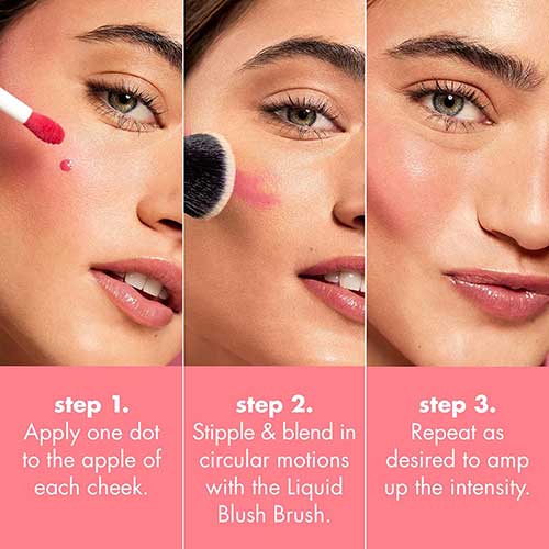 Step-by-step guide for applying e.l.f. Camo Liquid Blush in Dusty Rosé for a soft, dewy finish. Vegan and cruelty-free.