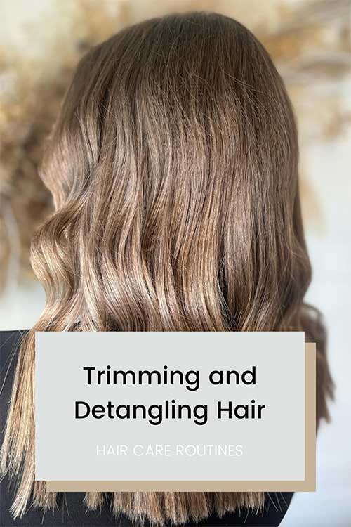 A hair care routine, focusing on styling, trimming, and detangling for healthy, protected hair.