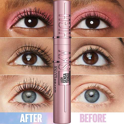 Visual comparison of eyelashes before and after applying Maybelline Lash Sensational Sky High Mascara, highlighting volume and length.