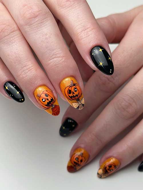 Cute black and pumpkin spice nails decorated with scarecrows decorated with evil pumpkin faces.