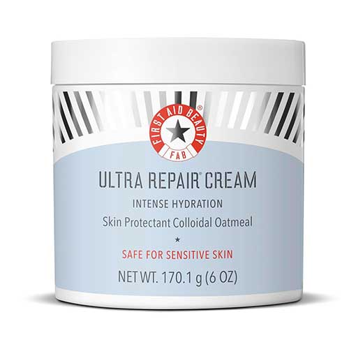 First Aid Beauty Ultra Repair Cream in a jar, known for its intense hydration and skin-soothing properties for dry skin.