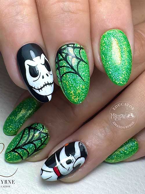 Glitter green cute Halloween nails decorated with Jack & Zero on two accent black nails and black spider web accents