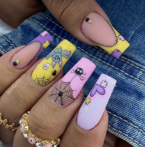 Matte cute Halloween nails in saturated lilac, purple, yellow, and pink nail colors featuring different Halloween themes