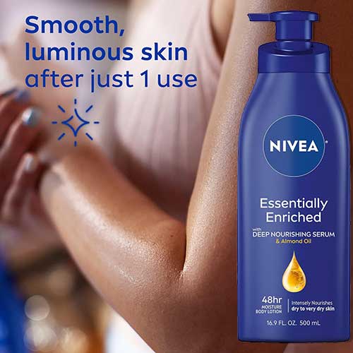 Nivea Essentially Enriched Body Lotion bottle with a blue label, designed for deep hydration and skin nourishment.