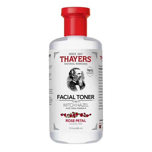 Thayers Alcohol-Free Rose Petal Witch Hazel Toner bottle with floral design, promoting skin hydration and soothing properties.