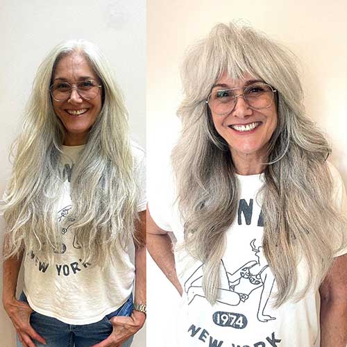 A chic makeover with a long shag haircut for women over 50, highlighting thick layers that add volume and flair.