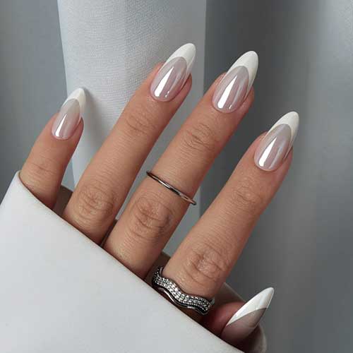 Elegant chrome white French tip press-on nails, perfect for a chic and polished look for any occasion.