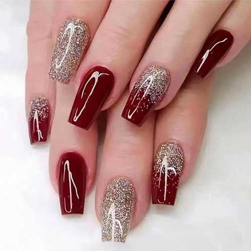 Elegant wine red coffin press on nails with gold glitter accents, 24 pieces designed for a chic fall appearance.