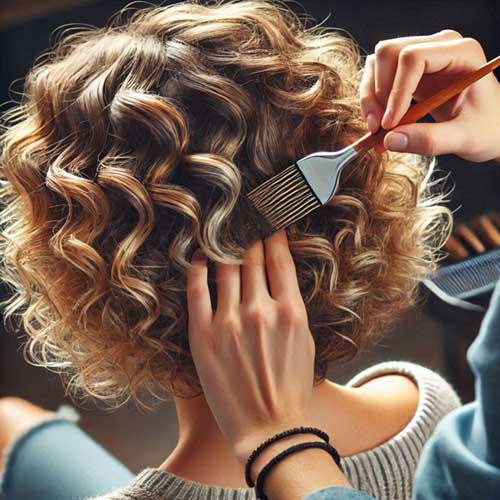 A chic curly bob featuring partial highlights, adding dimension and flair to the lively curls.