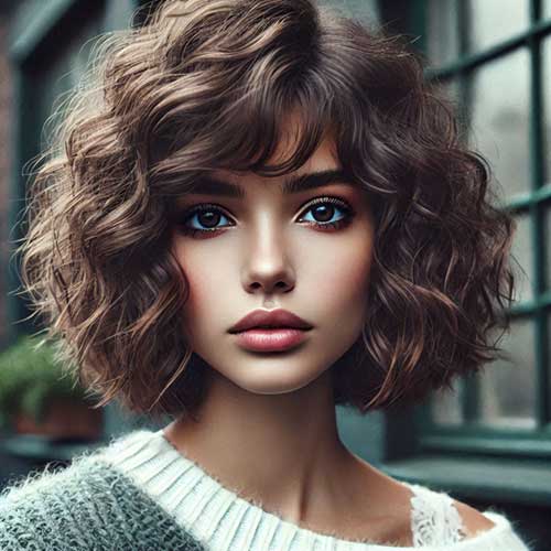 A choppy curly short bob with uneven layers, adding texture and volume for a stylish, playful look.