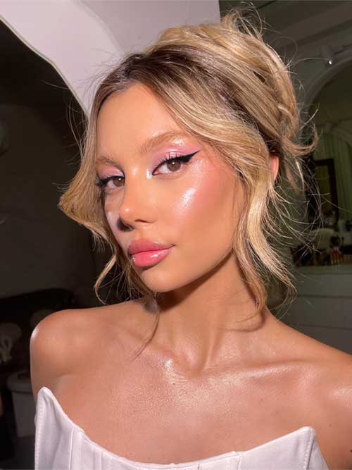 A cool winter makeup style featuring Barbie vibes, cool moonlight shades, and a beautifully dewy complexion.