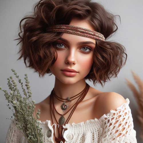 A fashionable curly bob hairstyle complemented by a headband braid, perfect for adding flair to any casual or formal outfit.