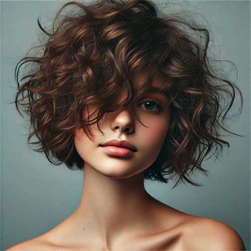 A playful, messy short curly bob hairstyle, showcasing vibrant curls and a carefree, stylish look.