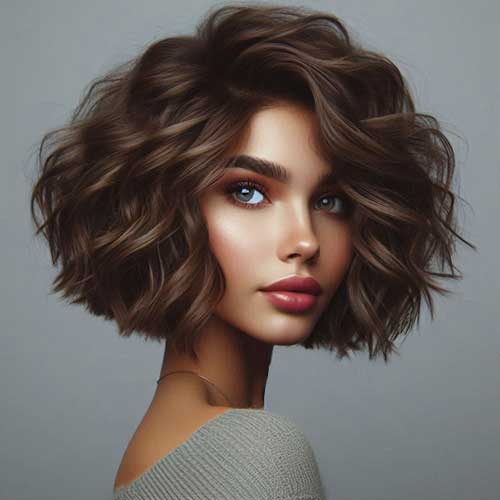 A stylish angled curly short bob hairstyle, showcasing vibrant curls and a chic, modern cut.