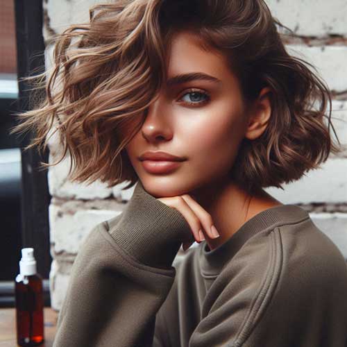 A stylish brushed-back curly bob hairstyle, showcasing defined curls and a chic, modern look.