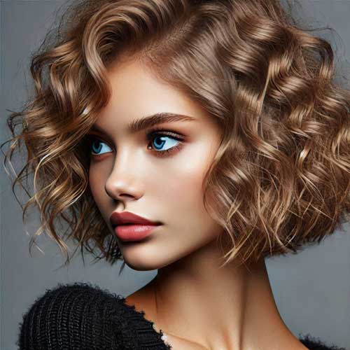 A stylish chin-length bob with soft, bouncy curls framing the face beautifully.