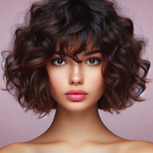 A stylish curly short bob haircut with bangs, showcasing a playful and trendy look perfect for any occasion.