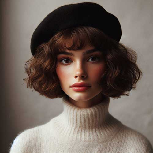 A stylish curly short bob hairstyle complemented by a chic beret, exuding a trendy and playful vibe.