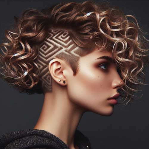 A stylish curly short bob with shaved patterns underneath, visible when the hair is pulled back for a trendy look.