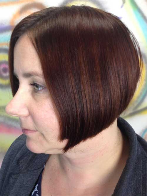 A stylish short inverted bob haircut, featuring a sleek back and longer front strands, exuding modern elegance.