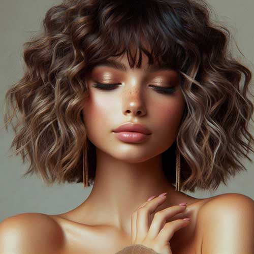 A trendy curly bob with cute micro bangs, offering a fresh and vibrant look that's full of personality.