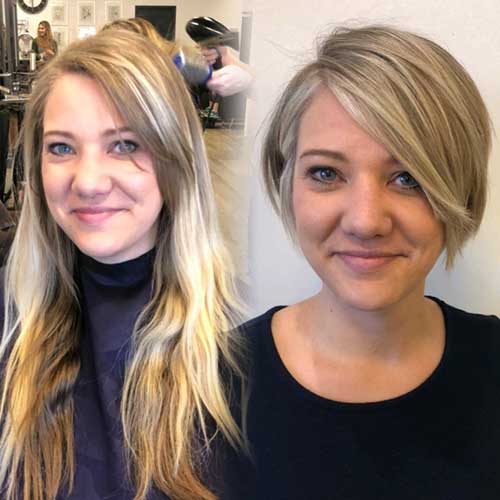 A woman showcases her new short Pixie bob haircut, highlighting a fresh and stylish transformation.