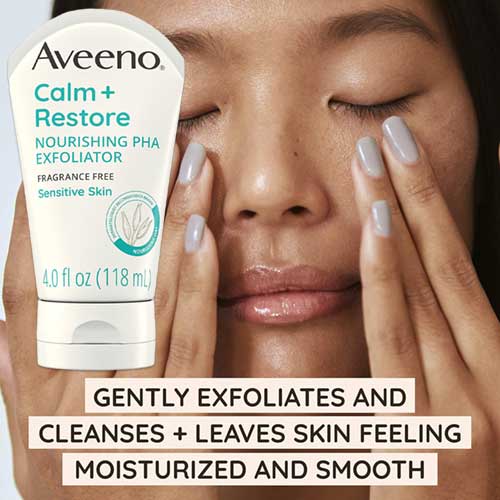 Aveeno Calm + Restore Exfoliator: Gentle, fragrance-free oat formula for sensitive skin, 4 fl. oz, hypoallergenic, non-abrasive.