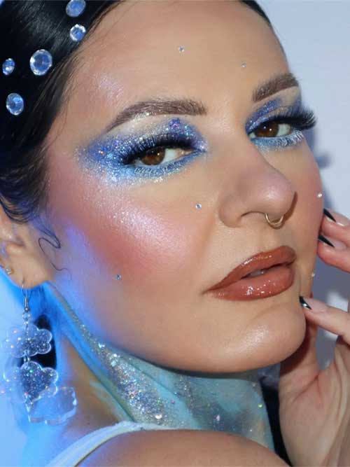 Cool winter makeup featuring glitter gels 'MoonChild' and 'Astral Radiance' for a stunning icy celestial look.