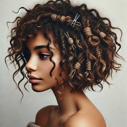 Curly bob hairstyle featuring twists for a stylish bohemian touch, perfect for a fun and carefree look.