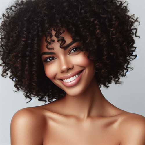 Curly short bob with tight, bouncy coils (3A–3C) beautifully framing the face, showcasing a classic and stylish look.