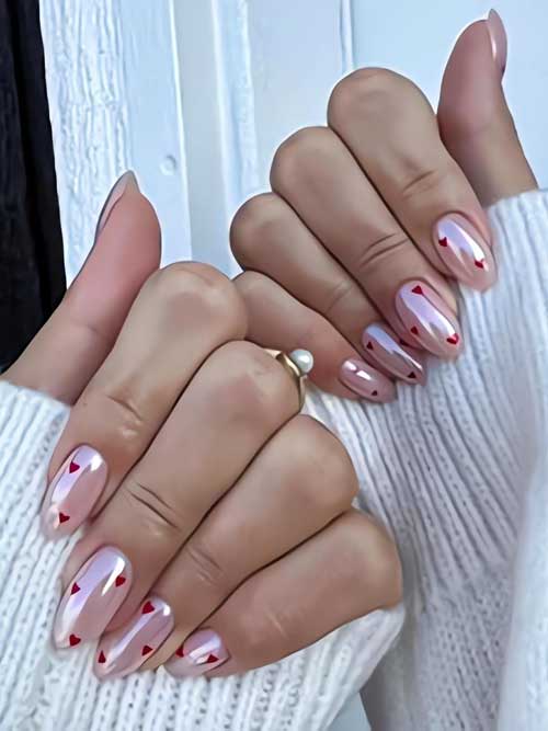 Glossy pink press-on nails with red hearts, medium length, 24 pieces, perfect for Valentine's Day.