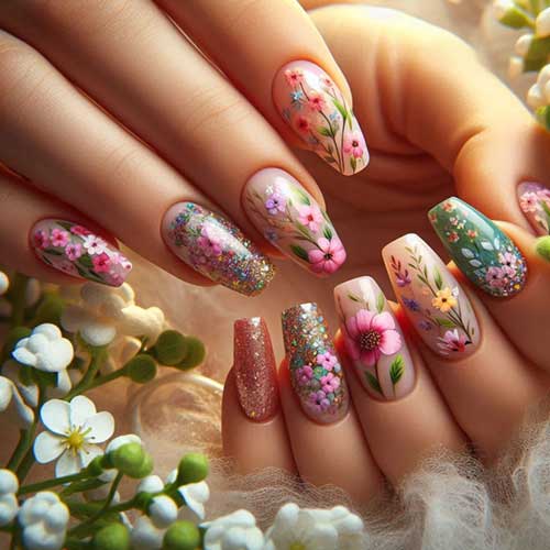 A colorful display of 20 stunning spring nails designs, featuring various patterns and shades perfect for the season.