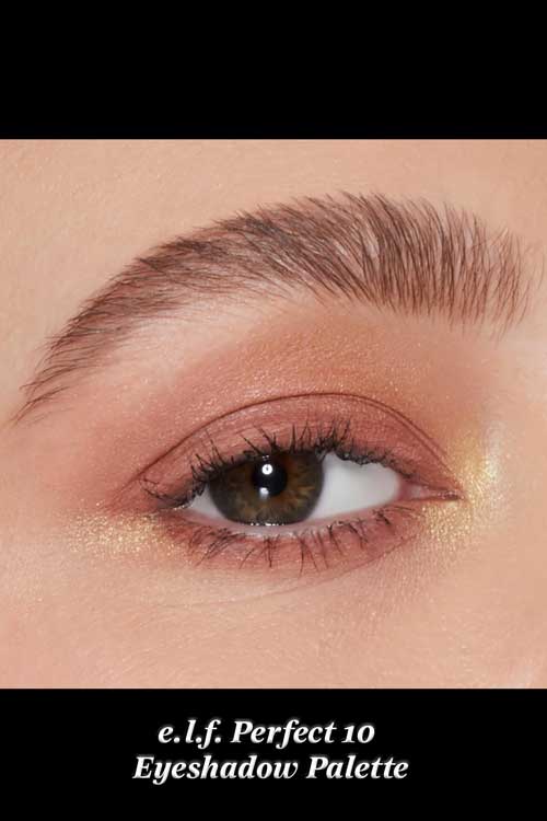 A polished look using e.l.f. Perfect 10 Eyeshadow Palette with beige, brown, and gold shades.