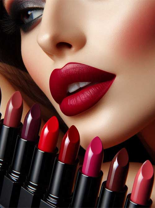 Bold lip colors in dark cherry and vibrant red, perfect for adding drama to spring makeup looks.