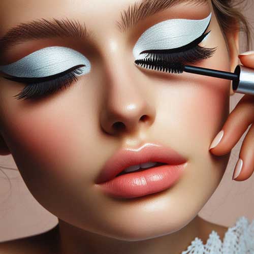 Ice-white eyeshadow evokes '60s mod and Y2K vibes, paired with bold black mascara for a dramatic spring makeup look.