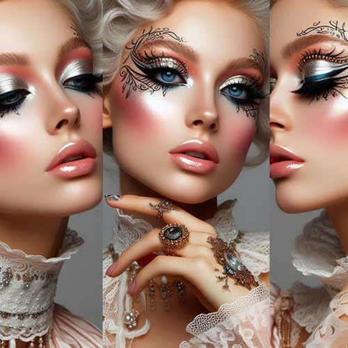 Modern Rococo makeup featuring intricate eyeliner, pastel blush with metallic accents, and vibrant color highlights.